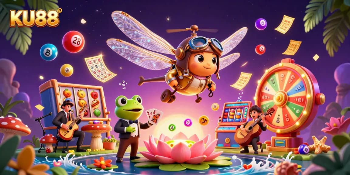 Experience the excitement of KU88 with a vibrant casino scene featuring a frog croupier, a dragonfly pilot, and colorful game elements.