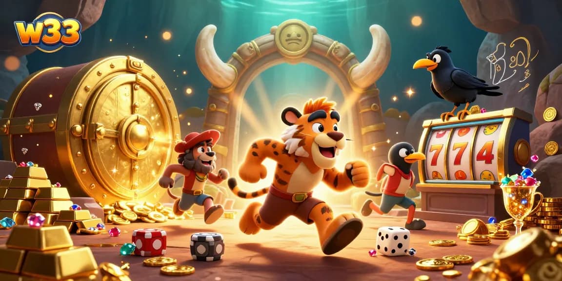 Engaging w33 pokies atmosphere featuring characters in a vibrant prehistoric casino scene.