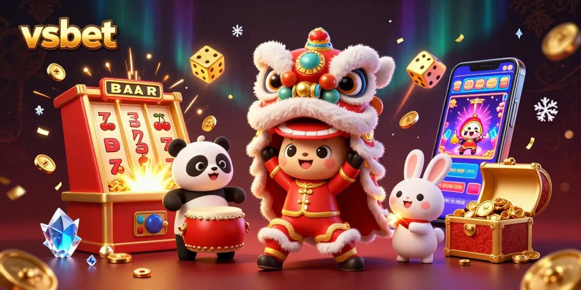 Experience thrilling jackpots and vibrant games at vsbet with festive characters in a colorful casino scene.