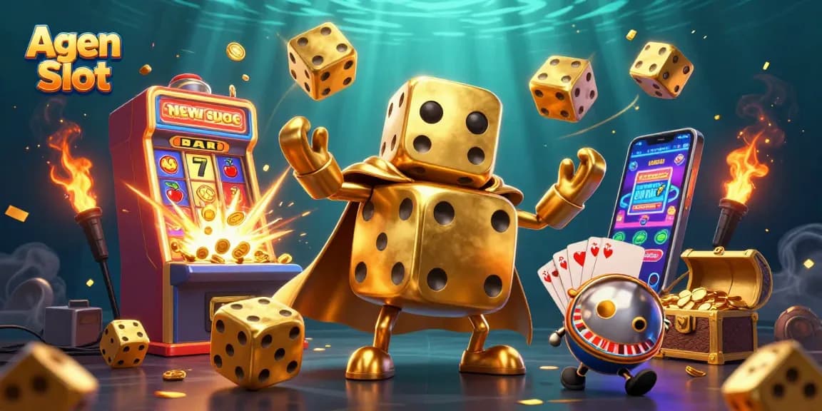 Agen Slot illustrations showcasing a golden dice golem and slot machine bursting with coins, perfect for casino promotions.