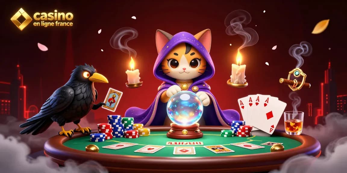 Gagnez avec le casino en ligne France grâce à une illustration dynamique de jeux et de mysticisme.