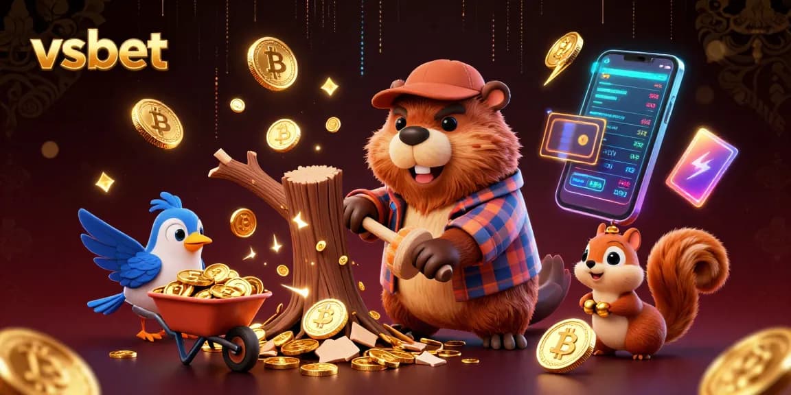 Experience the excitement of vsbet with a 3D cartoon scene of a lumberjack beaver collecting coins.