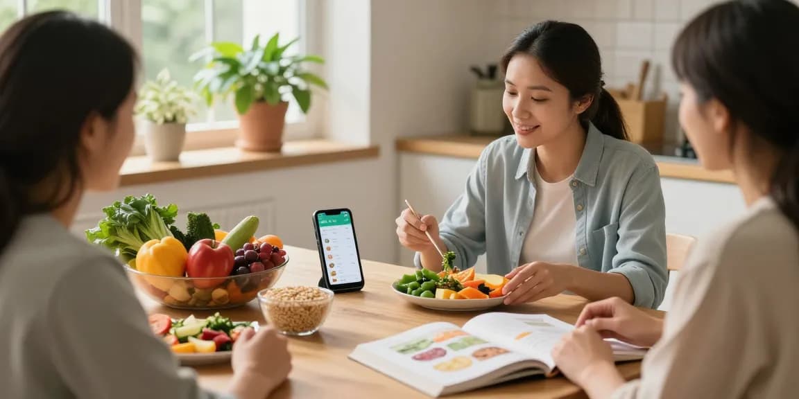 Engaging kitchen discussion on the best food tracker with healthy meals and app interface.