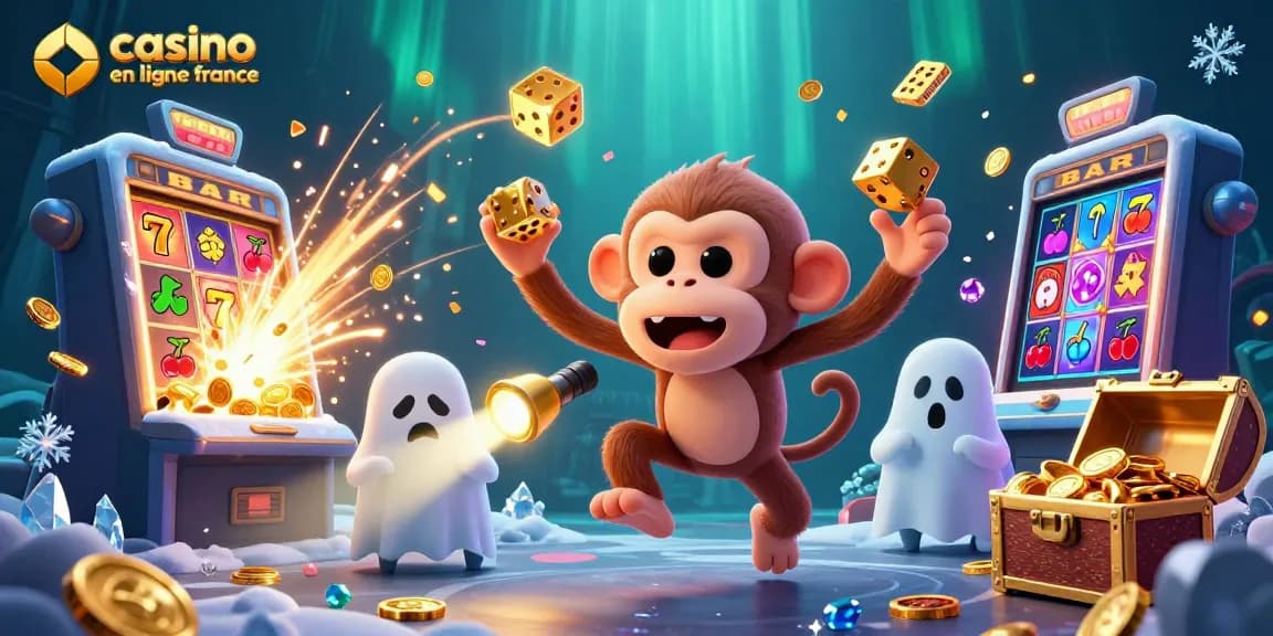 Plongez dans l'univers du casino en ligne France avec cette illustration captivante d'un singe poltergeist jonglant sous un jackpot d'or.
