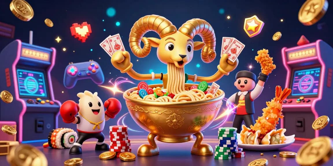 Engage in thrilling gameplay with zkeonhacai5 at a vibrant casino scene featuring a golden ramen bowl dealer.