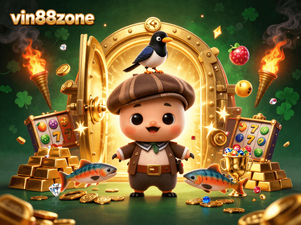 Spin to win with vin88zone's dynamic 3D casino illustration featuring baby Nessie, gold treasures, and slot reels.