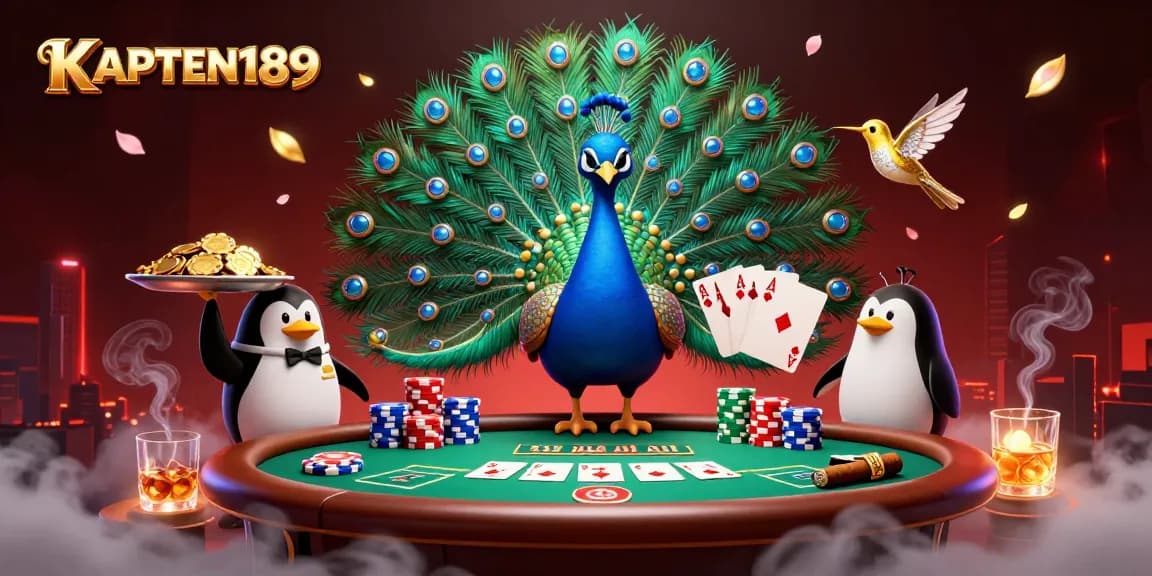 KAPTEN189 menampilkan permainan poker menarik dengan karakter kartun yang ceria dan elemen kasino yang mencolok.