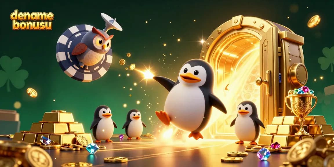 Engage with the exciting deneme bonusu scene featuring a golden penguin, casino space station, and treasure elements.
