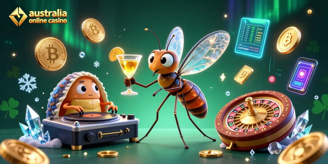 Engaging scene of australia online casino with a frozen mosquito mascot, trilobite DJ, and Bitcoin coins.