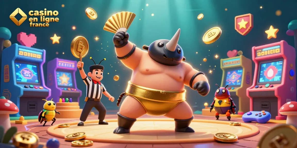 Le champion sumo rhinocéros du casino en ligne France en action au milieu des machines à sous.