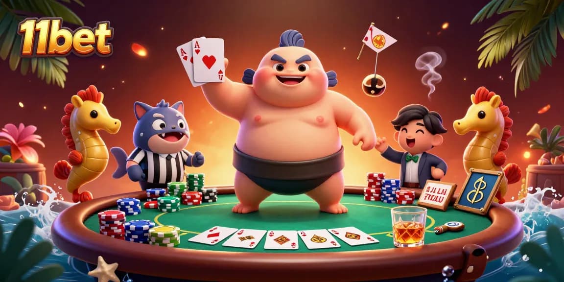 Engage with poker action at 11bet featuring fugu, catfish referee, and colorful chips.