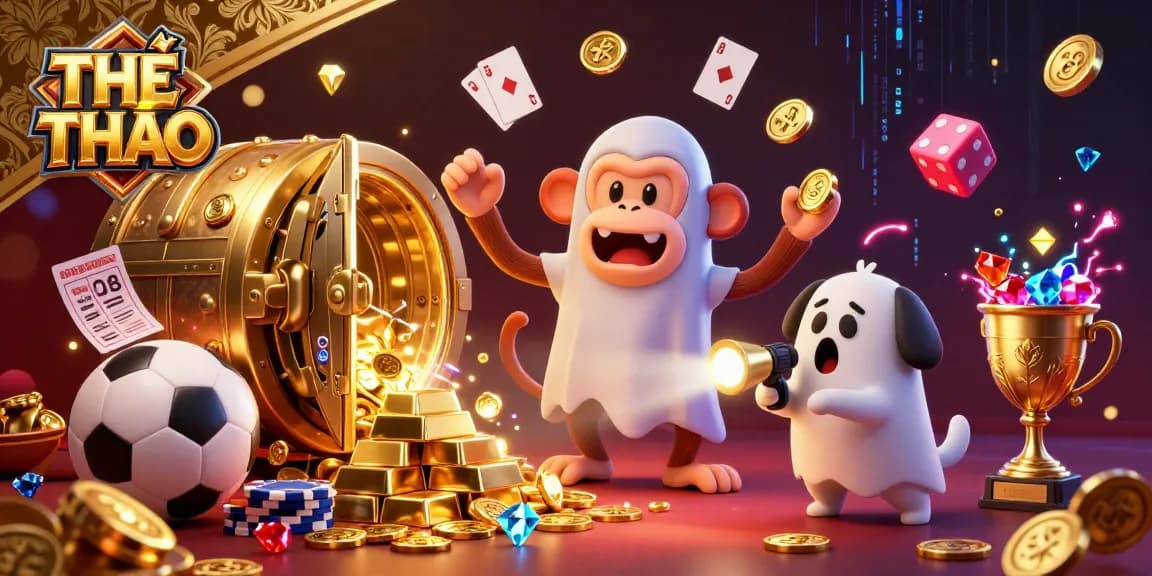 THỂ THAO sports betting action scene with a playful monkey and curious puppy in a vibrant casino.