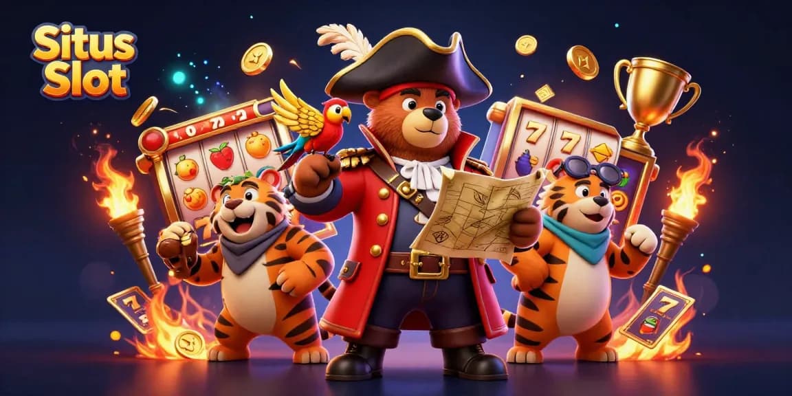 Menang besar di Situs Slot dengan gambar karakter kartun, simbol slot, dan elemen kasino yang meriah.