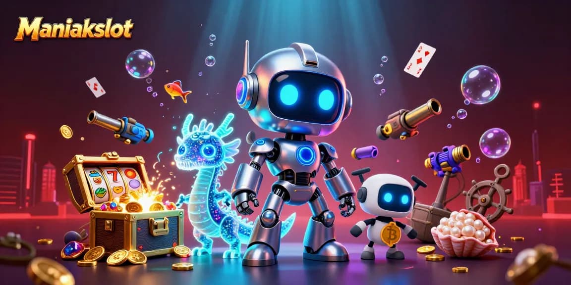 Play thrilling Maniakslot games with a vibrant 3D scene featuring colorful slot elements and crypto symbols.