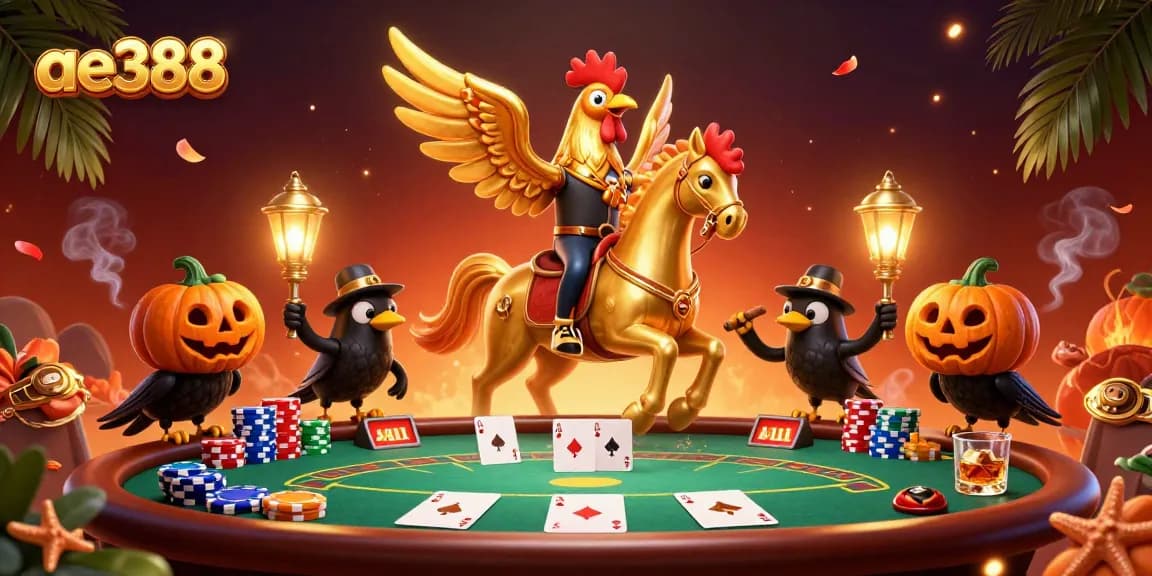 Experience ae388's exciting casino atmosphere with a golden rooster in a midnight scene.