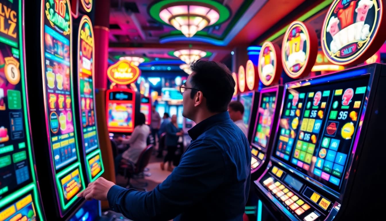 Engaging scene of a player enjoying slot gambling in a bustling casino with bright lighting.