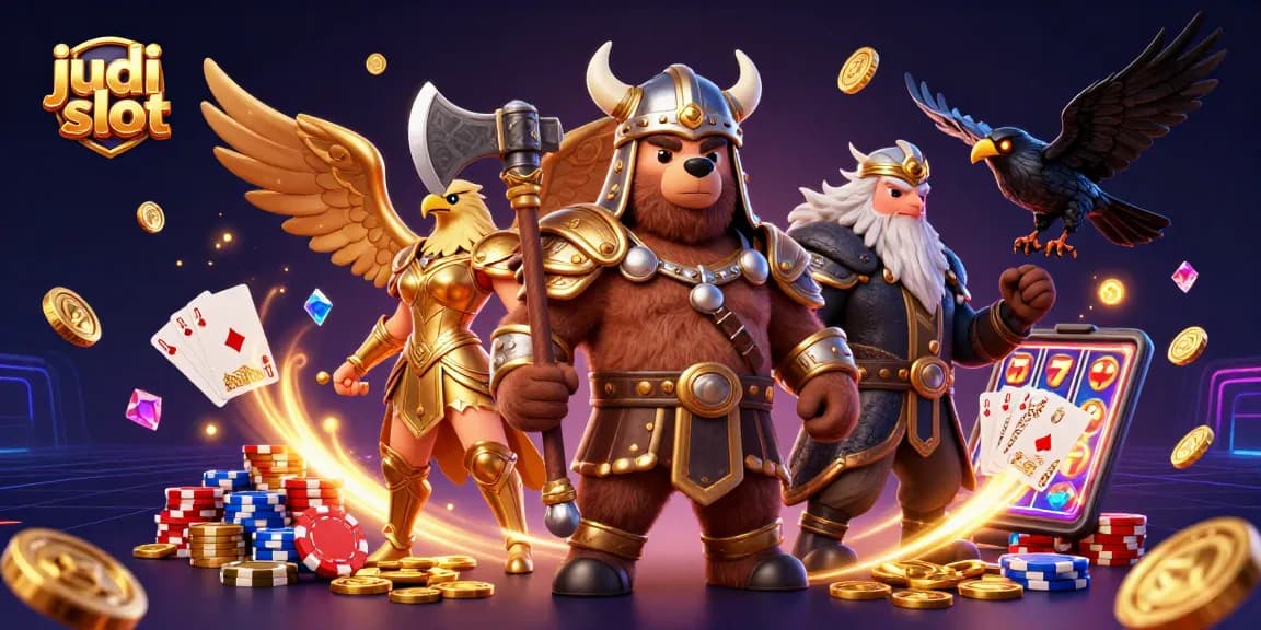 Engage with judi slot on dynamic scene featuring Viking bear and Valkyrie eagle amidst cascading coins.