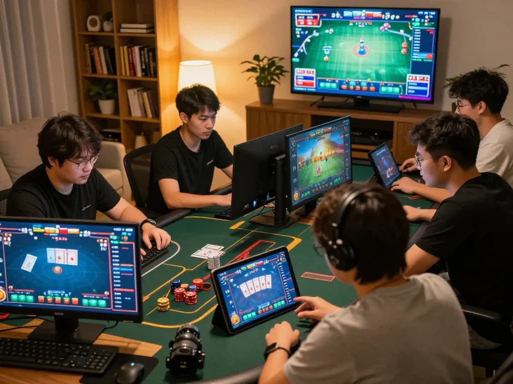 Players immersed in game đánh bài đổi thưởng, showcasing intense online poker strategy in a cozy home setting.