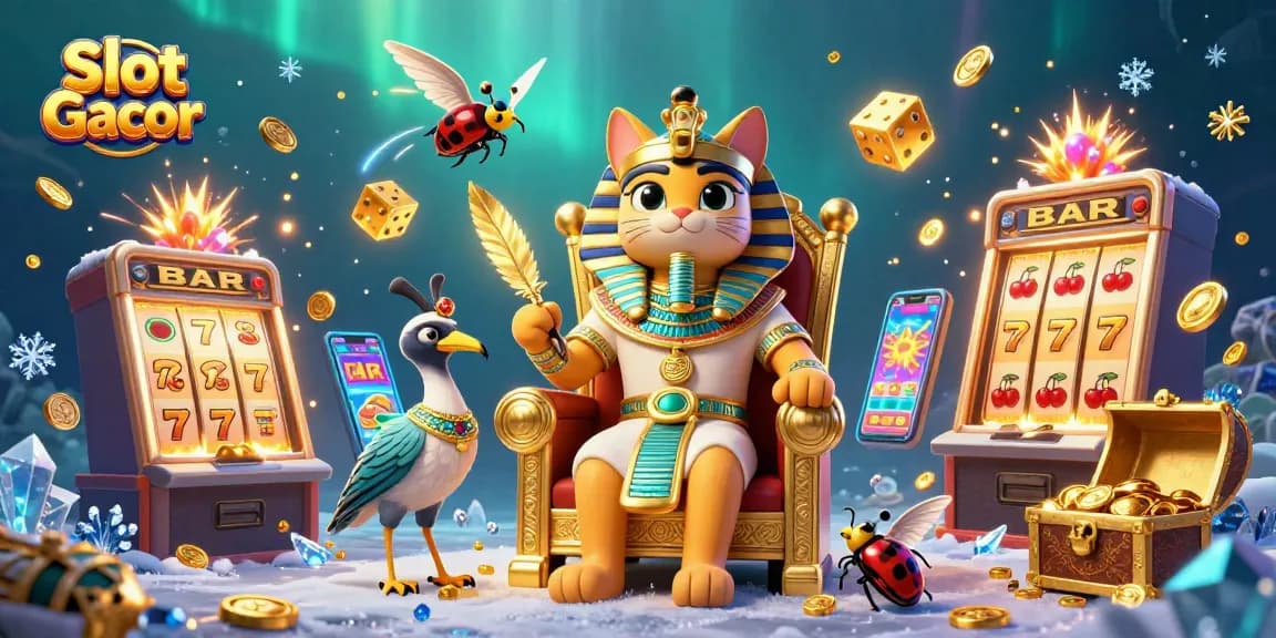 Engage with Slot Gacor’s thrilling atmosphere through this vibrant 3D casino scene featuring dynamic slots and winning symbols.