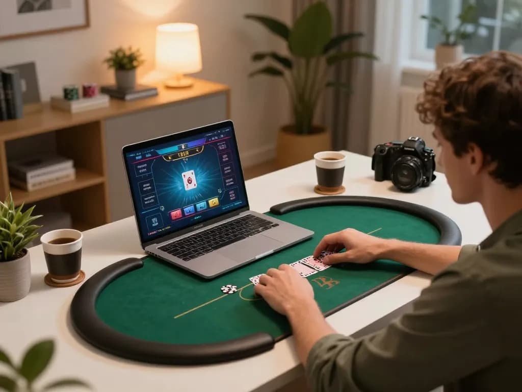 Player engaging in online gambling at mm88bet with a laptop and coffee in a cozy setting.
