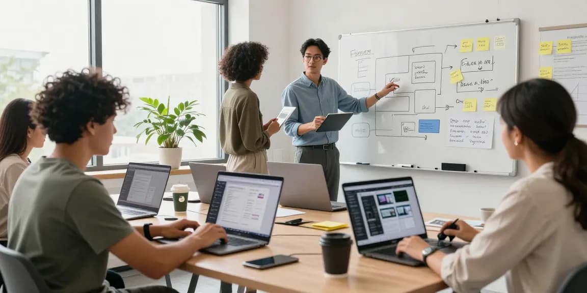 Collaboration scene showing a team building internal tools with AI at a modern workspace, featuring coding, design, and project brainstorming.