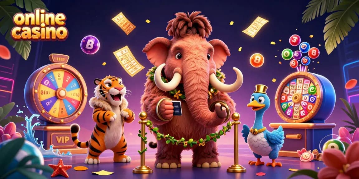 Experience the excitement at an online casino with a mammoth bouncer and vibrant gaming elements.