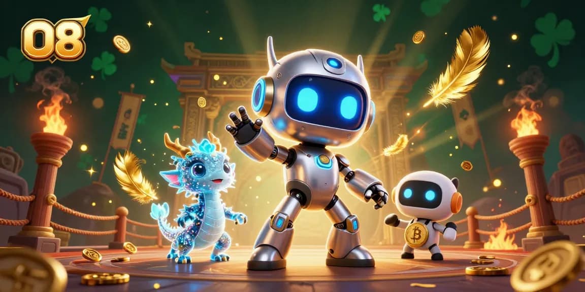 O8 showcases a vibrant casino scene with a cyberpunk robot and AI dragon, enhancing the gaming atmosphere.