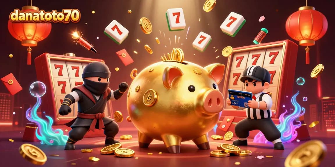 Experience the thrill of danatoto70 with a massive sumo piggy bank in action, surrounded by slot reels.
