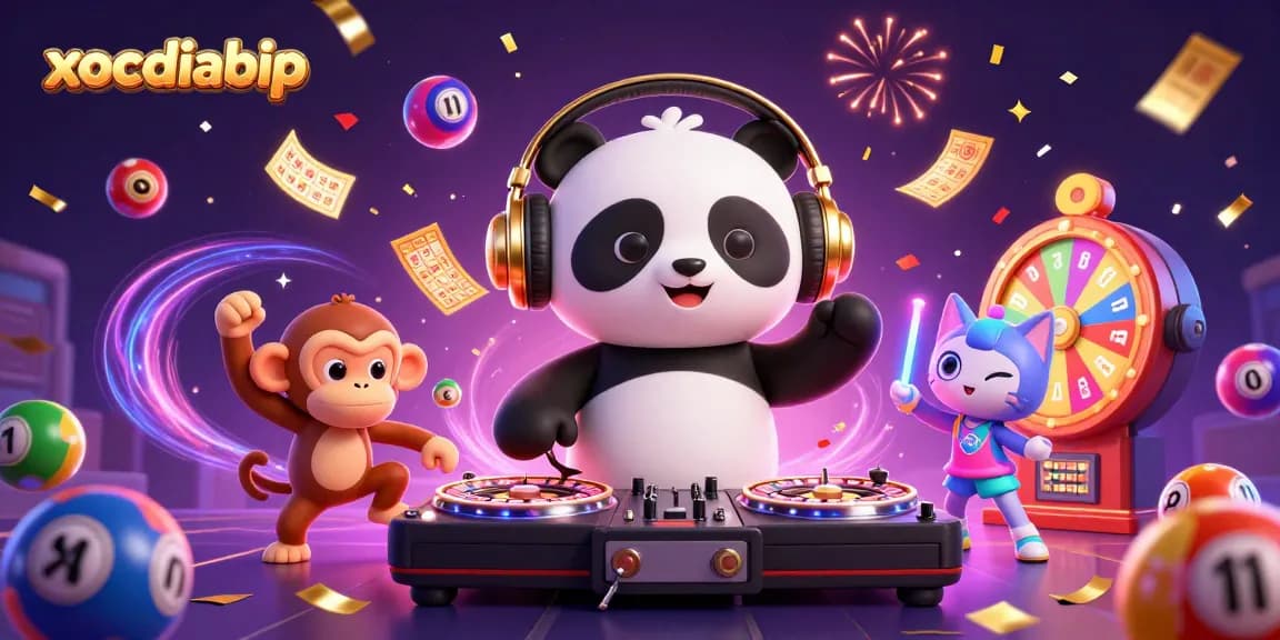 xocdiabip celebrates big wins with vibrant DJs, lively characters, and dynamic lottery elements in this colorful scene.