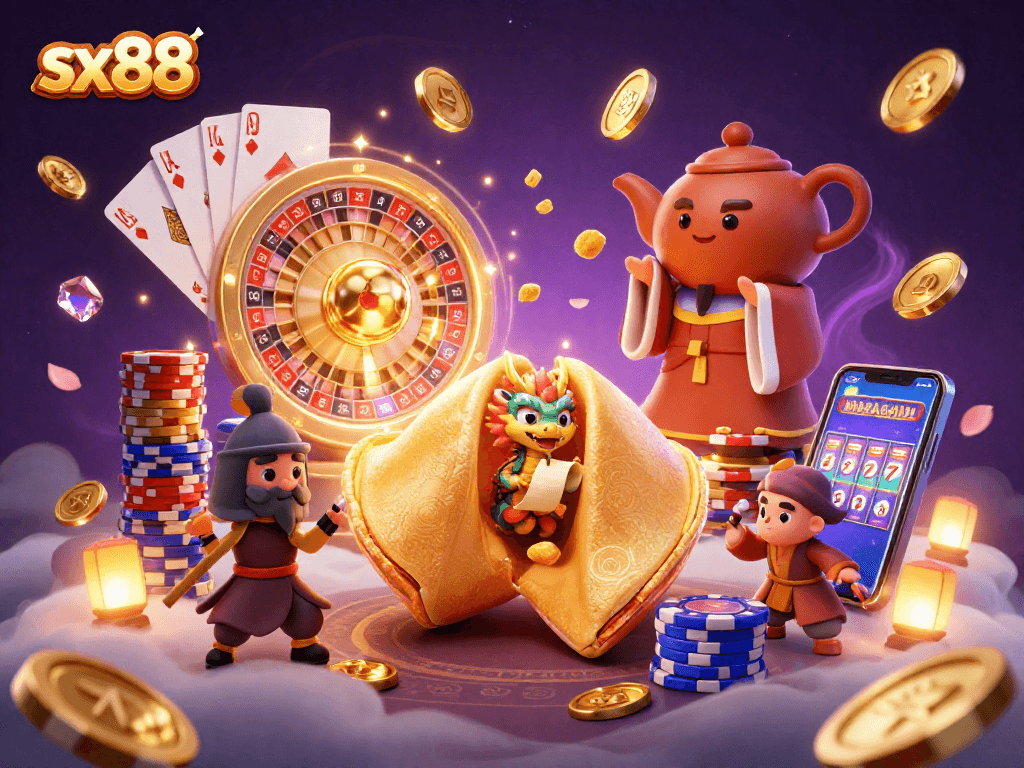 Experience thrilling gaming action with sx88 as a dragon guards a golden fortune cookie among cascading coins.