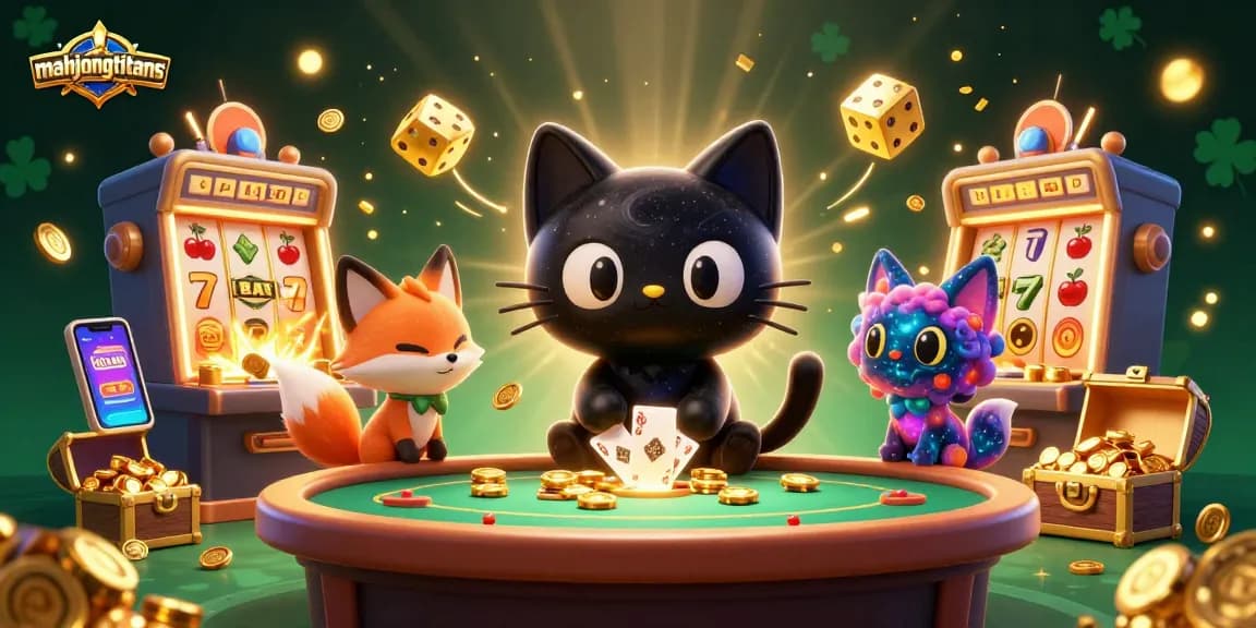 Play mahjongtitans surrounded by vibrant casino elements, featuring a cosmic black hole cat, colorful fox companion, and golden rewards.