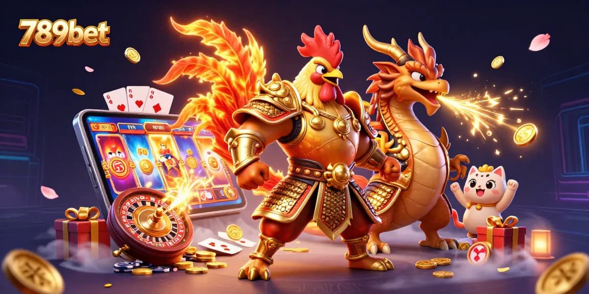 Experience thrilling gameplay at 789bet with a dynamic scene featuring a rooster warrior and dragon hatchling.