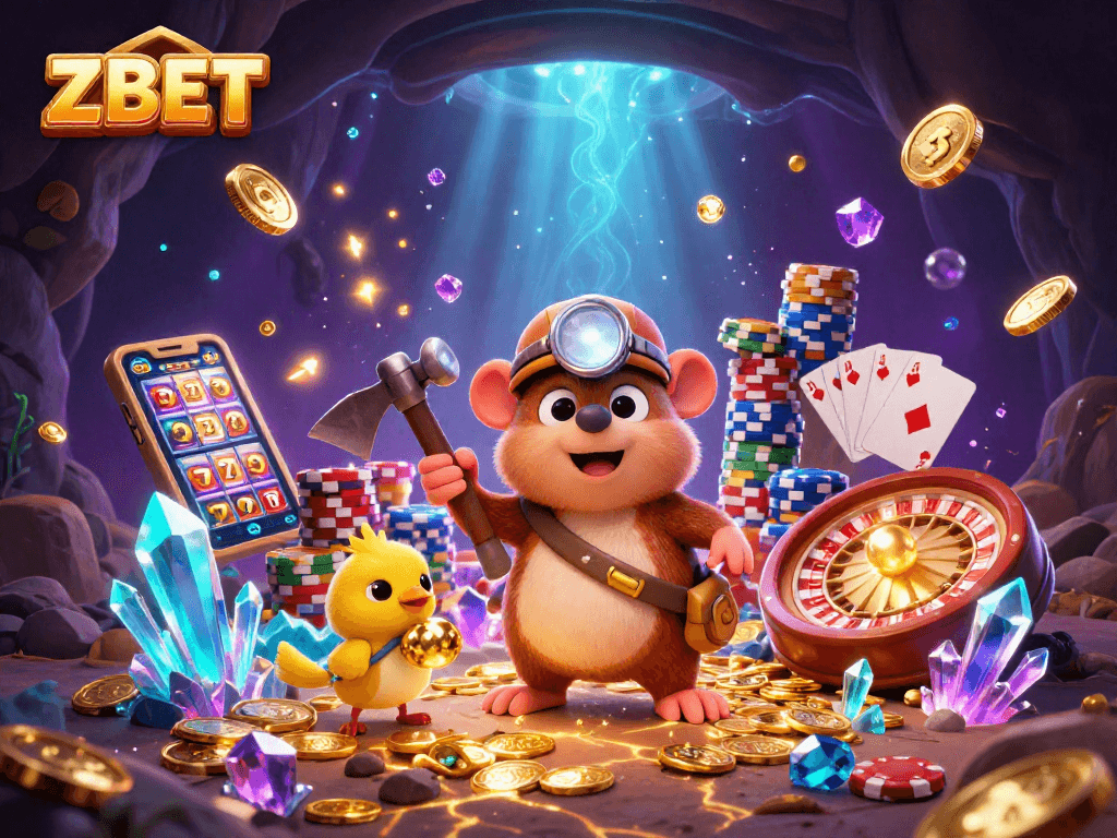 ZBET showcases a vibrant treasure hunt in a casino-themed cave with gold and gems.