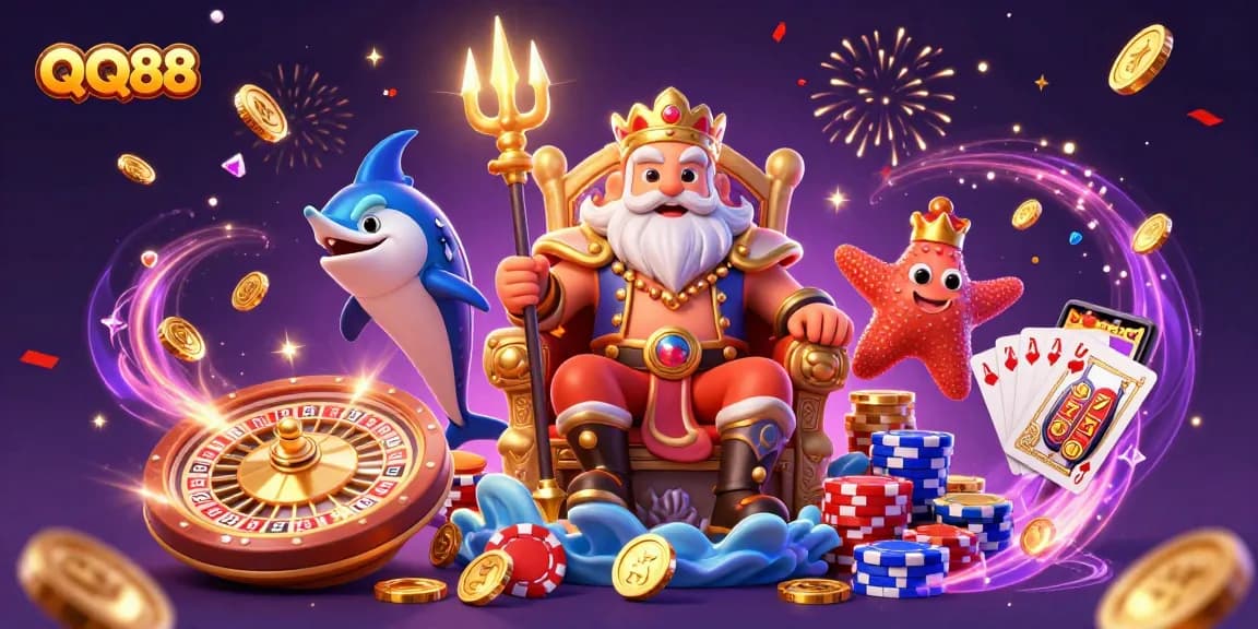 Experience thrilling wins with QQ88 in a dynamic casino illustration featuring Neptune and treasures.