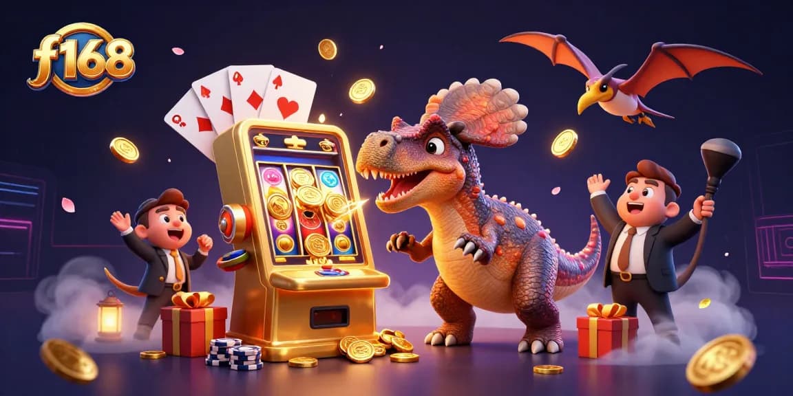 Experience f168 excitement as a pachycephalosaurus triggers a jackpot in this vibrant casino scene