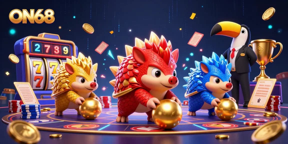 ON68 pangolins compete in a thrilling casino game amidst golden scales and vibrant casino elements.