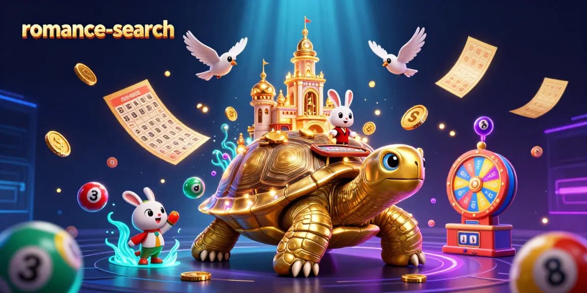 Win big at romance-search with colorful lottery balls and a golden tortoise casino scene.