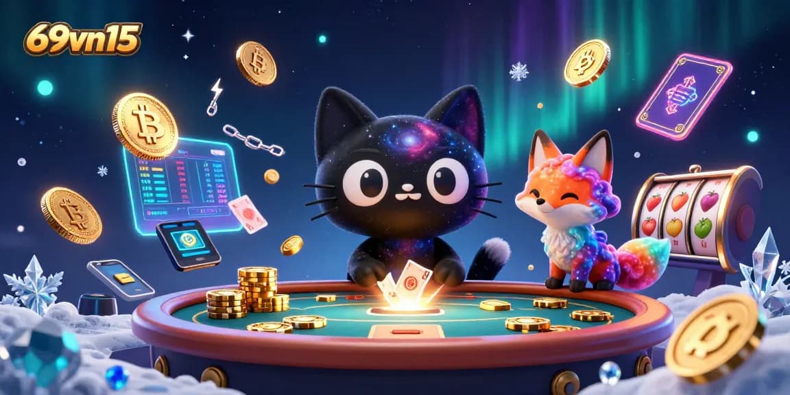 Engage with 69vn15, a lively cosmic casino scene featuring a playful black hole cat with vibrant game elements.