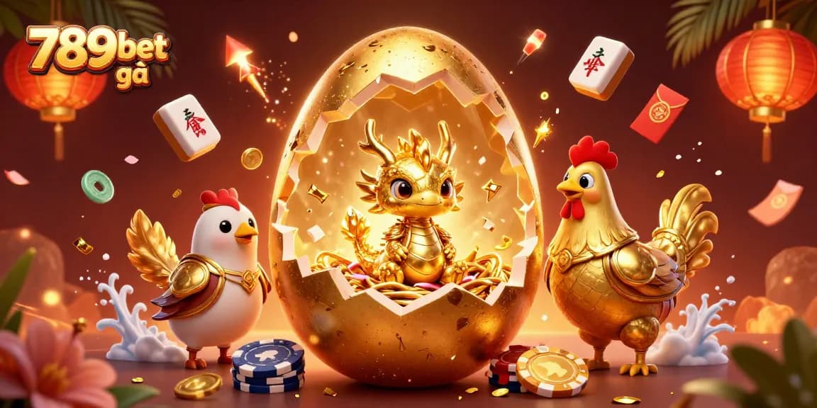 Bet on the exciting 789bet đá gà event featuring a golden dragon amidst vibrant casino symbols.