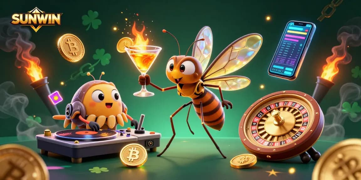 SUNWIN presents a vibrant 3D casino scene with an animated mosquito mascot, trilobite DJ, and golden roulette.