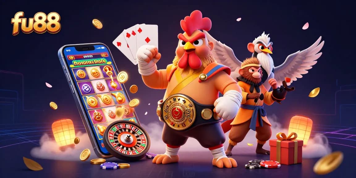 Engage with fu88's vibrant online casino world featuring a dynamic scene of gaming characters and elements.