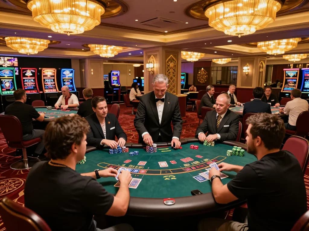 Go88 players engaging in a dynamic game of blackjack at a luxurious casino table, showcasing professional dealers and exciting atmosphere.