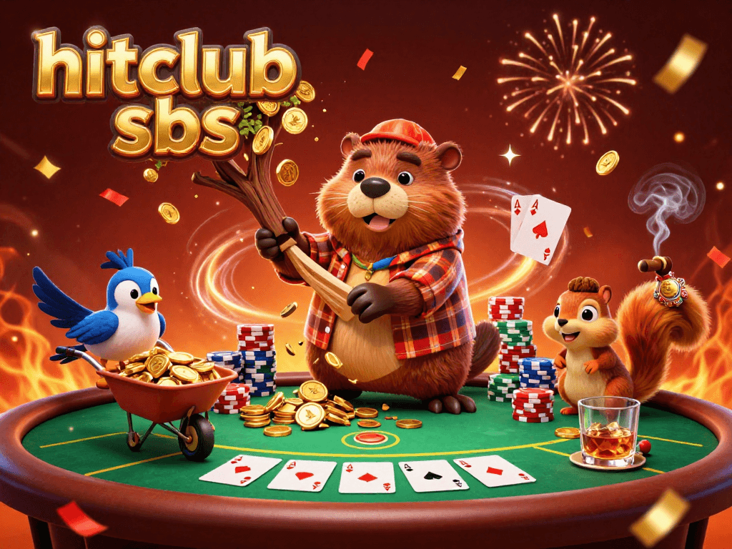 Engaging scene of hitclub sbs demonstrating wins with cartoon beaver, poker elements, and sparkling riches.