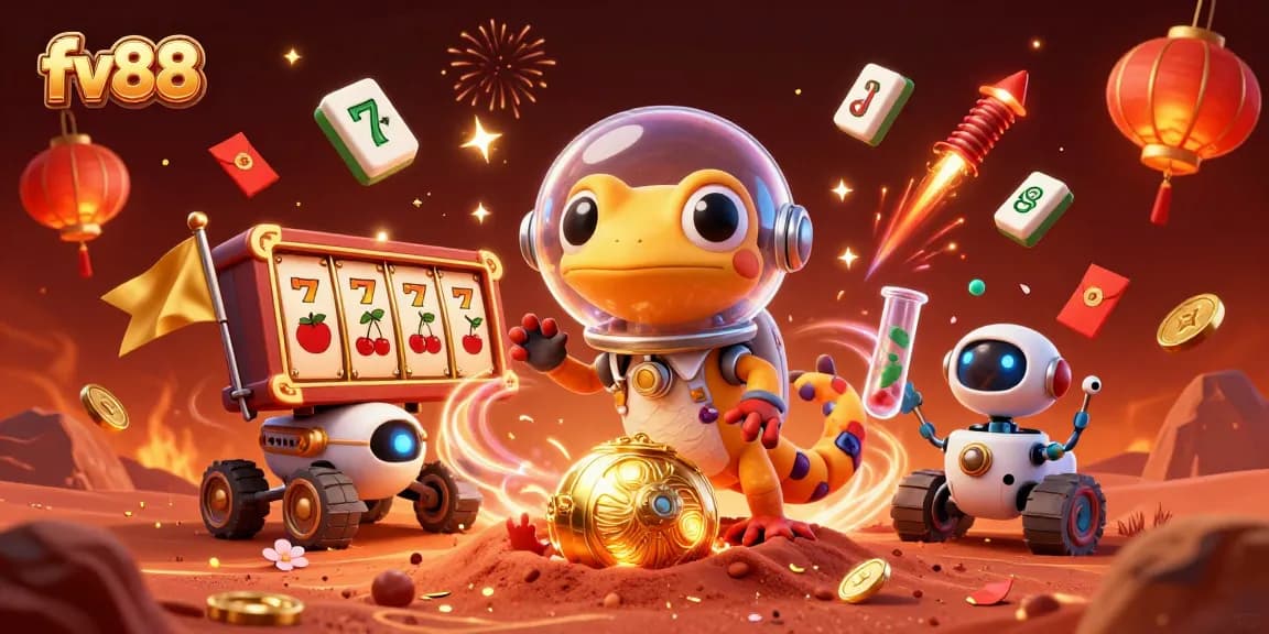 Spin to win at fv88's vibrant casino adventure featuring lucky symbols and joyful characters.