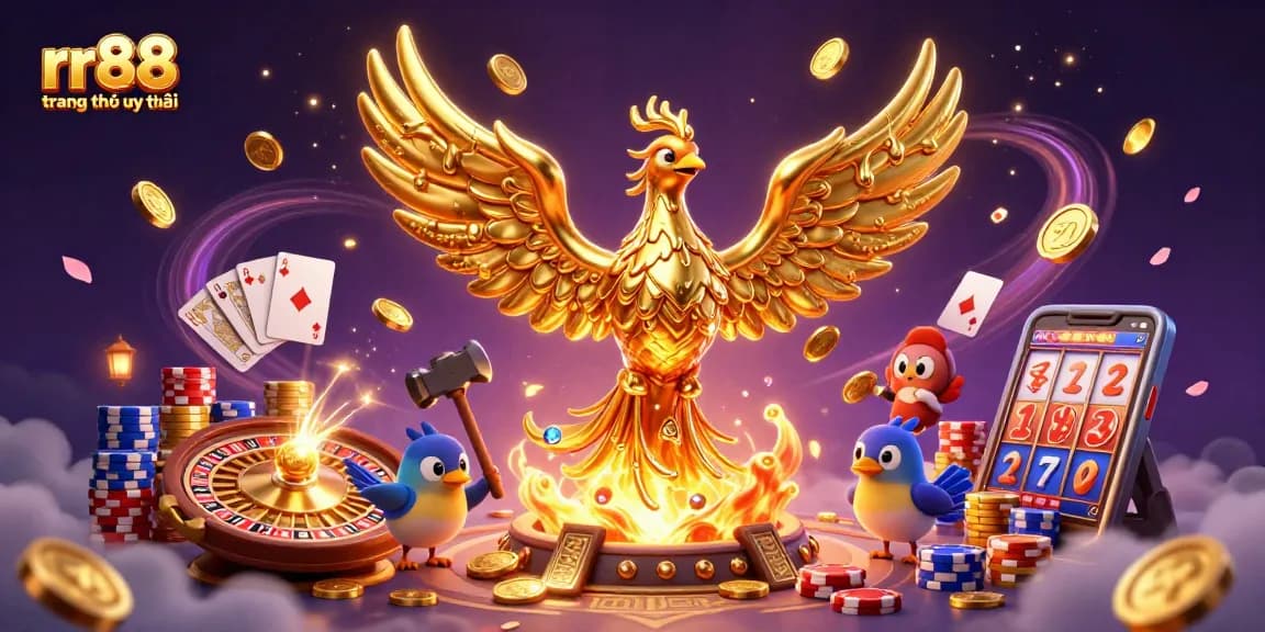 Experience top-tier gaming with rr88 trang chủ uy tín, featuring 3D golden phoenix and casino elements.