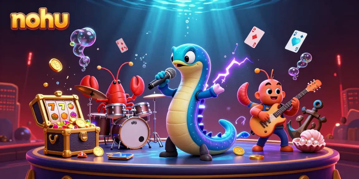 Nohu's electric eel DJ animates a vibrant underwater casino scene with lively slot reels.