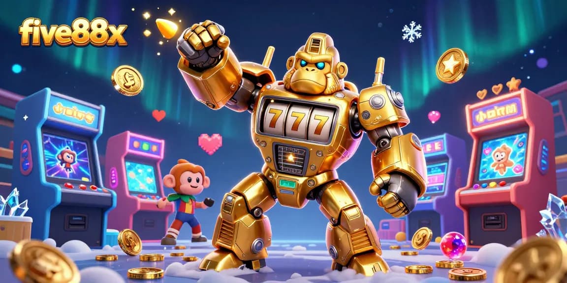 Experience five88x excitement with a golden gorilla mech and explosive coins in a vibrant casino world.