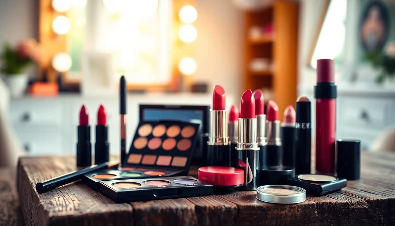 Showcase of wholesale make up products arranged elegantly, highlighting vibrant colors and textures.