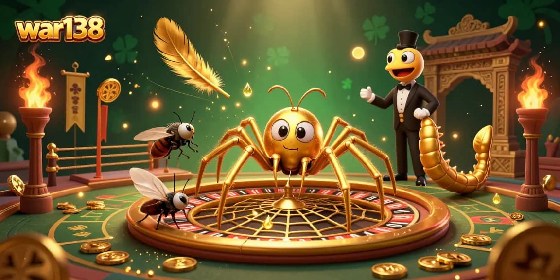 Exciting gaming scene at war138 with a golden spider web roulette and a fly betting nervously.