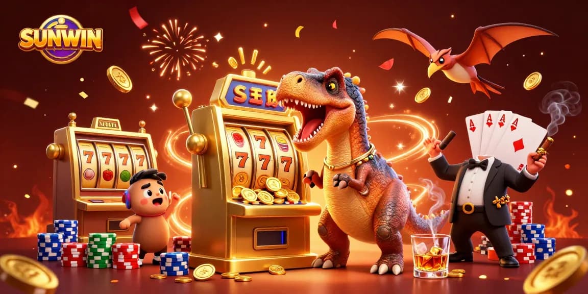 SUNWIN showcases a cartoon dinosaur winning jackpots at a vibrant casino while a manager and pteranodon celebrate.